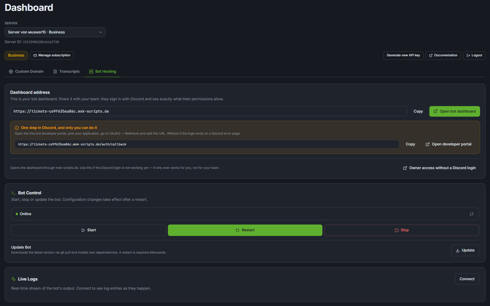 Dashboard, Hosted Bot Management