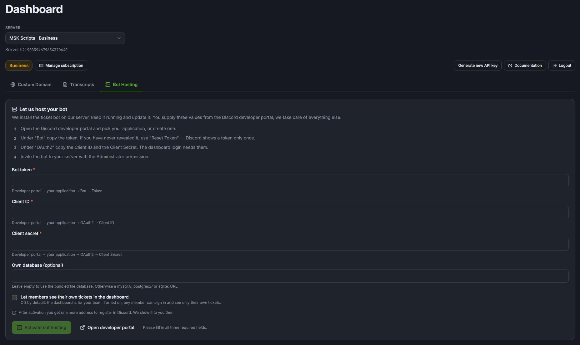 The Bot Hosting tab before activation