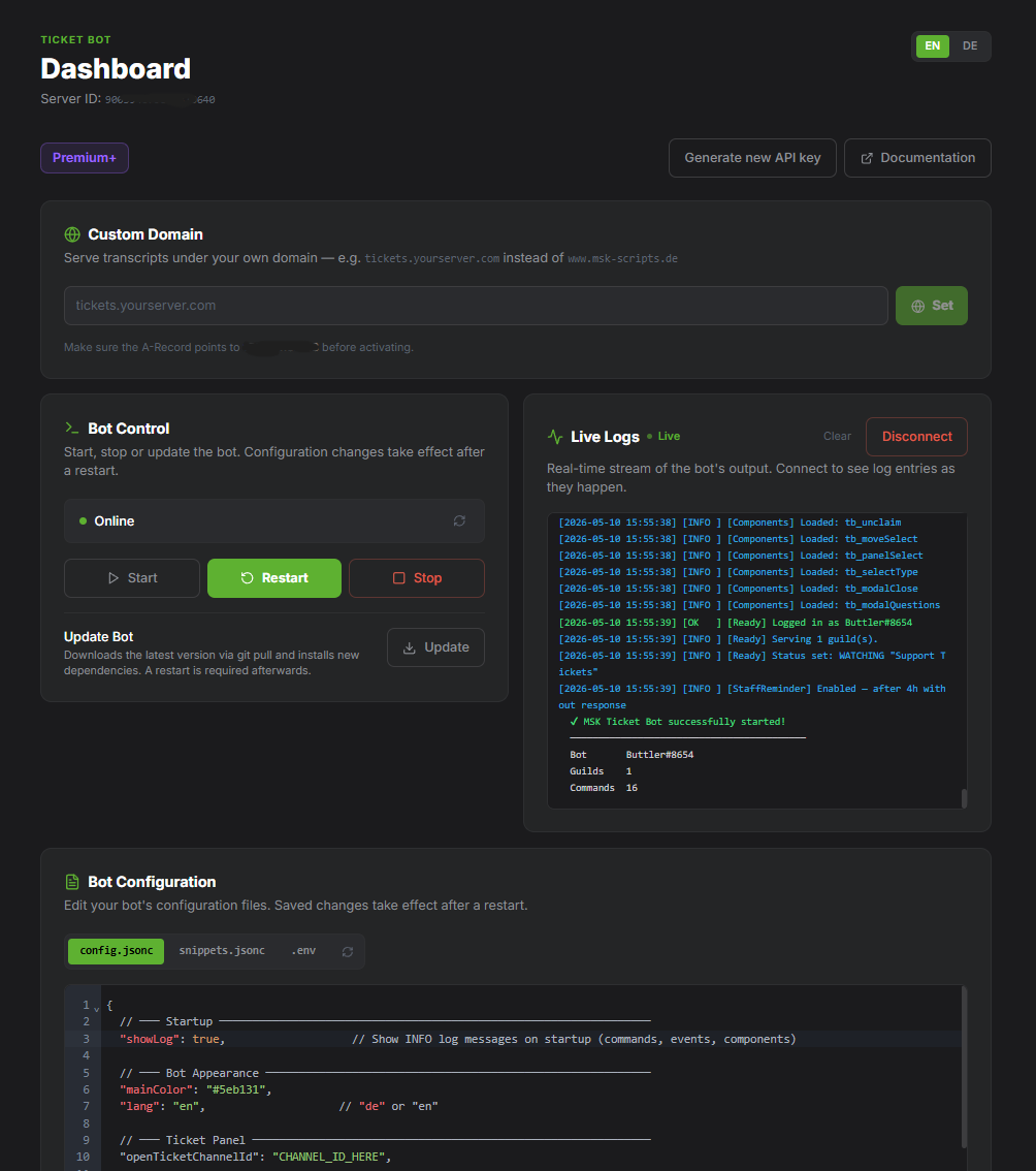 Dashboard, gehostetes Bot-Management